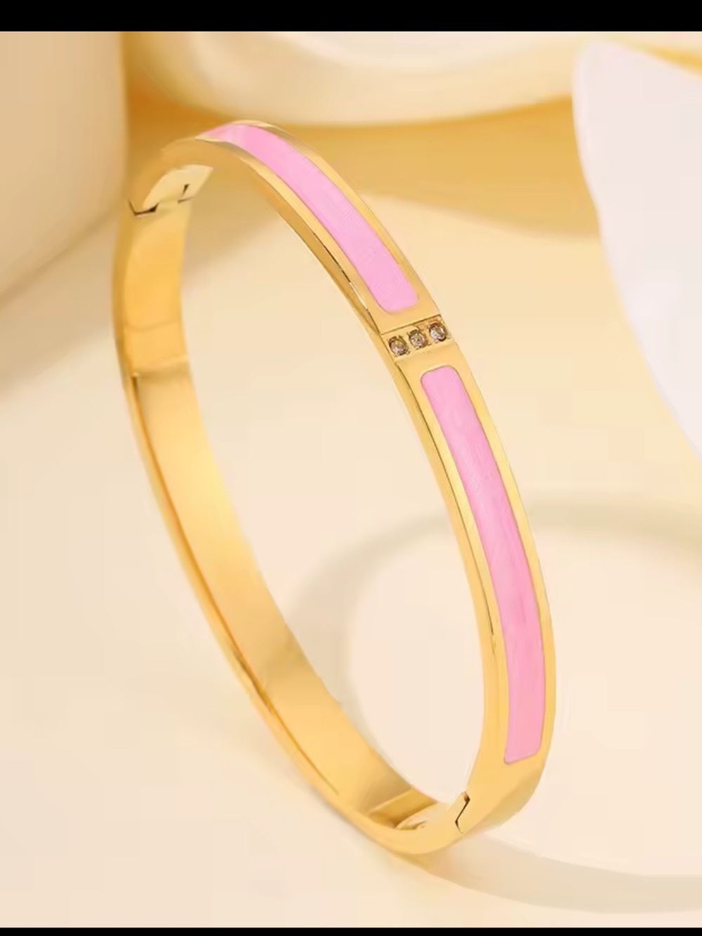 Gold Pink Enamel Hinged Bangle Bracelet - Picture 1 of 9